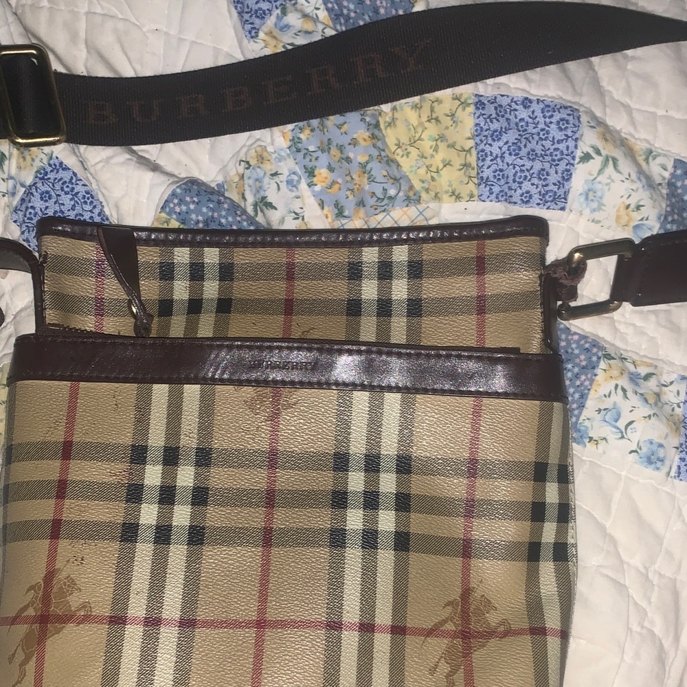 Burberry Beige Tan Check Messenger Bag with Brown Leather Trim
